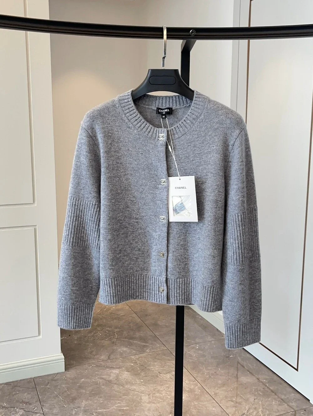 CHANEL Gray Cashmere Crewneck Cardigan
